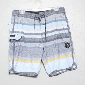 Vissla upcycle coconut poly stretch blue stripe swim trunks
